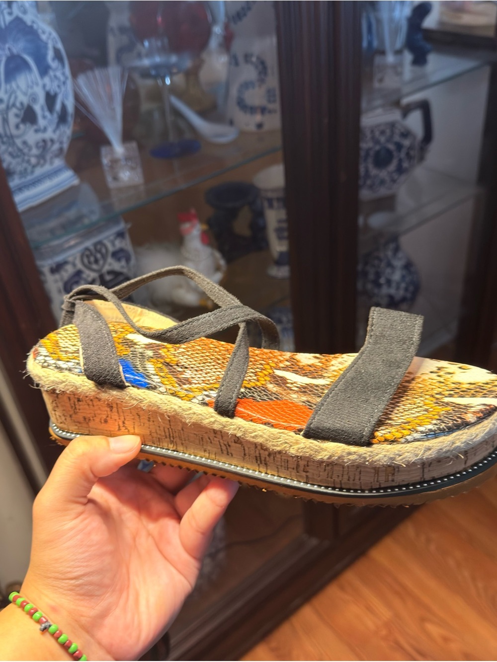 Womens Multicolor Snake-Print Platform Sandals with Gray Straps